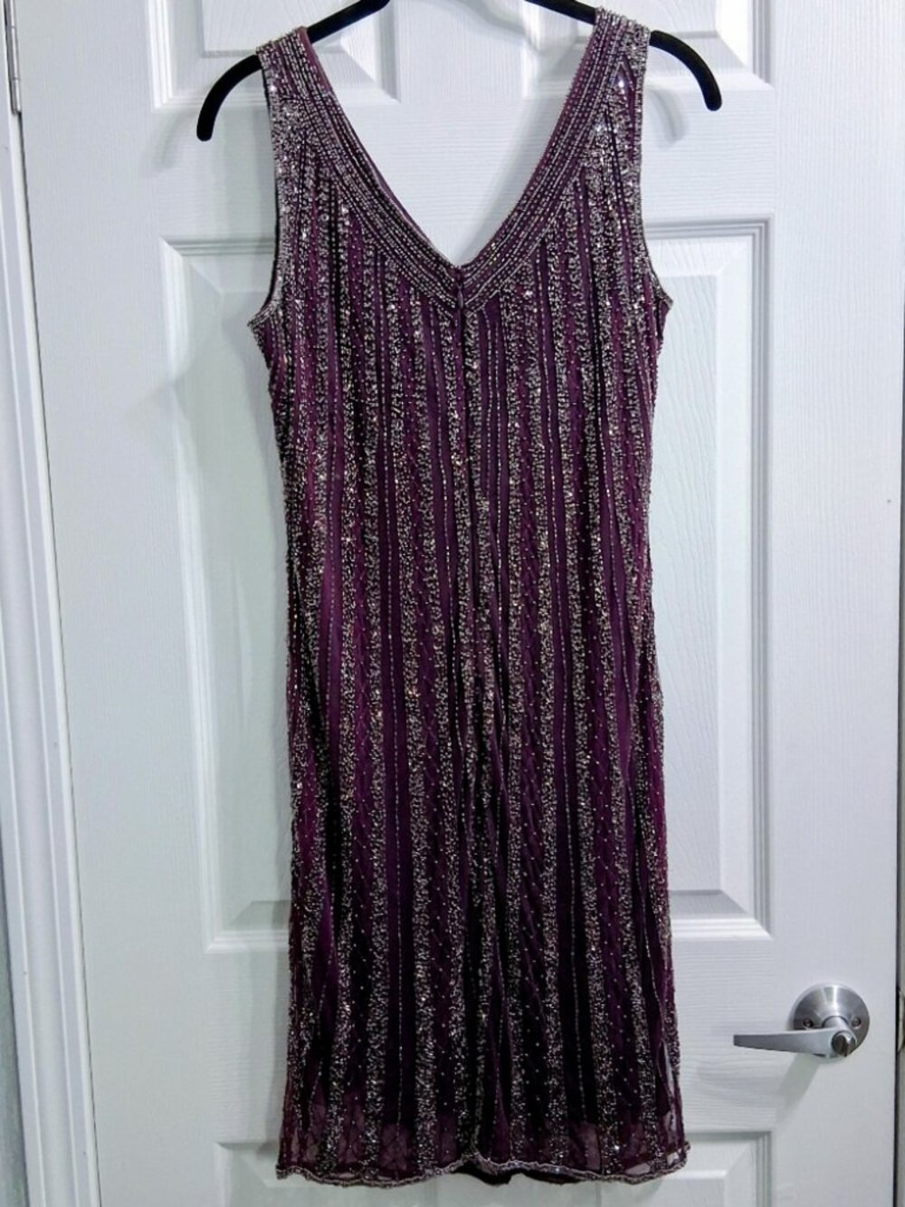 Plum Purple Fully Beaded Sleeveless V-Neck Midi Dress - Picture 2 of 2